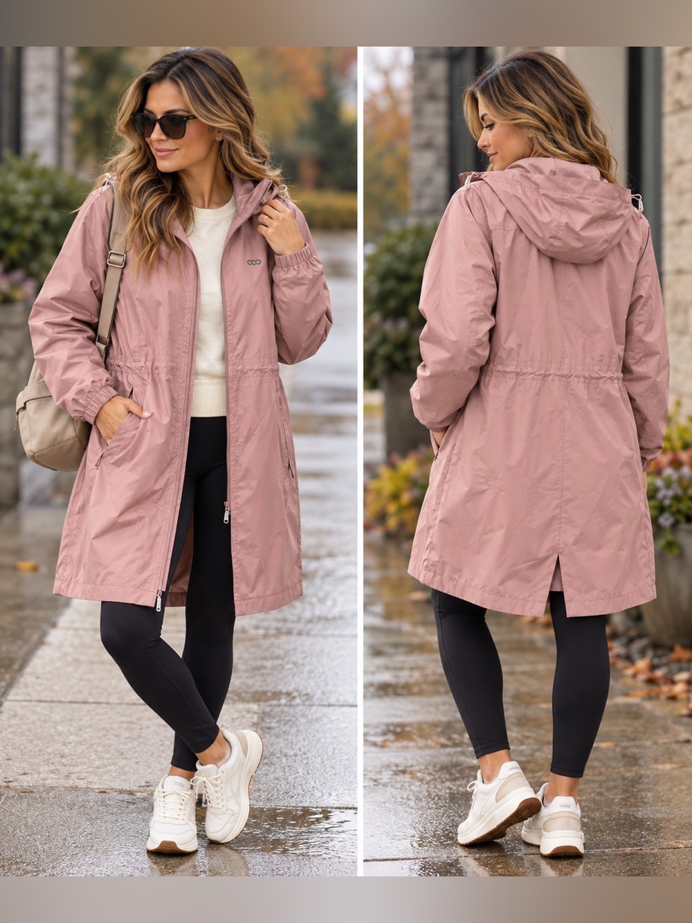 33,000ft Long Packable Rain Jacket Dusty Rose Hooded Size L